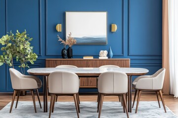 Wall Mural - Elegant dining room with marble table, beige chairs, wooden sideboard, and blue wall.