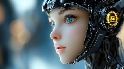 Poster - Close-up Profile of a Digital Female Android with Shimmering Blue Eyes and Advanced Features : Generative AI