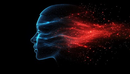 Fototapete - Abstract digital human head profile with blue and red data streams and network nodes, symbolizing AI, connectivity, and technology