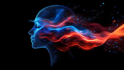 Fototapete - Abstract digital human head profile with blue and red data streams and network nodes, symbolizing AI, connectivity, and technology