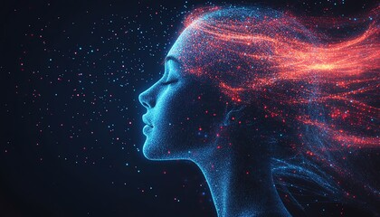 Leinwandbilder - Abstract digital human profile with flowing blue and red data streams, dark background, representing AI and datadriven technology