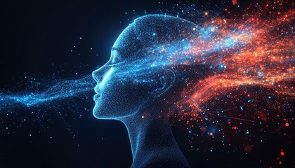 Leinwandbilder - Abstract digital human profile with flowing blue and red data streams, dark background, representing AI and datadriven technology