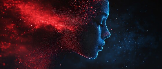 Aufkleber - Abstract human profile created from blue and red data streams, dark background, AI generative concept of digital intelligence and technology