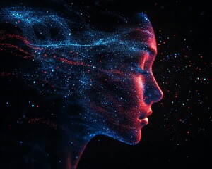 Leinwandbilder - AIgenerated digital human profile formed by blue and red data streams, dark background, futuristic tech and artificial intelligence visualization