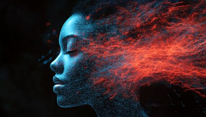 Leinwandbilder - AIgenerated digital human profile composed of blue and red data streams, dark background, showcasing artificial intelligence and neural networks