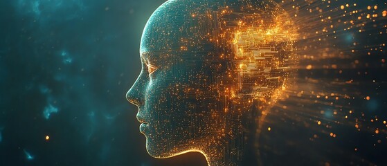 Leinwandbilder - Digital human head profile with glowing circuit patterns and luminous elements on a techinspired background, showcasing artificial intelligence