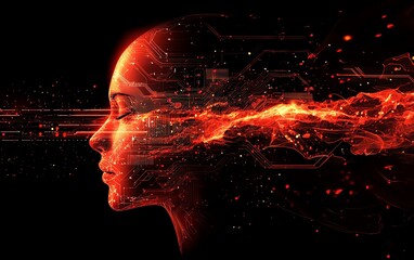 Leinwandbilder - Digital human head profile with circuit patterns and glowing elements on a tech background, representing artificial intelligence and advanced technology