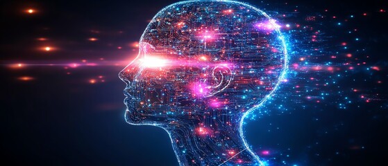 Aufkleber - Digital human head profile with glowing circuit patterns and luminous elements on a techinspired background, showcasing artificial intelligence