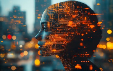 Leinwandbilder - Digital human profile featuring glowing circuit patterns on the head, futuristic tech background, representing advanced artificial intelligence