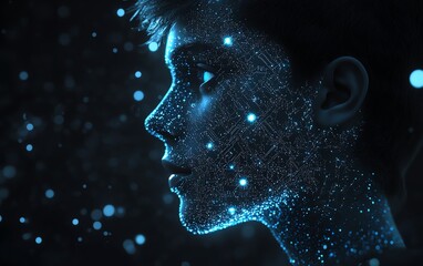 Leinwandbilder - Digital human profile featuring glowing circuit patterns on the head, futuristic tech background, representing advanced artificial intelligence