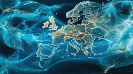 Poster - Visual representation of data patterns in blue tones over Europe, analyzing global information flow in the digital age.