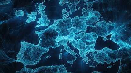 Poster - Visual representation of data patterns in blue tones over Europe, analyzing global information flow in the digital age.
