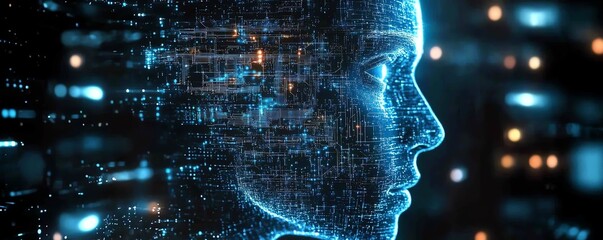 Aufkleber - Digital human profile with glowing circuit designs and luminous elements, tech background, representing futuristic AI and technology concepts