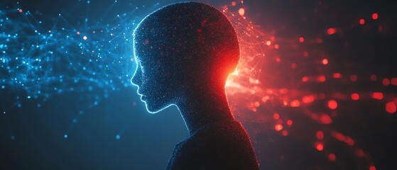 Leinwandbilder - Digital human silhouette with flowing data and network nodes in blue and red, abstract AI concept, futuristic design