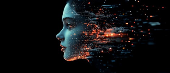 Aufkleber - Futuristic digital human head profile with glowing circuits and tech elements, tech background, representing AI and machine learning concepts