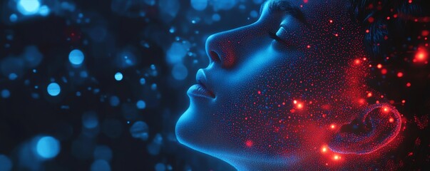 Fototapete - Futuristic digital human profile with blue and red data patterns, network nodes, and connections, abstract AI generative technology theme