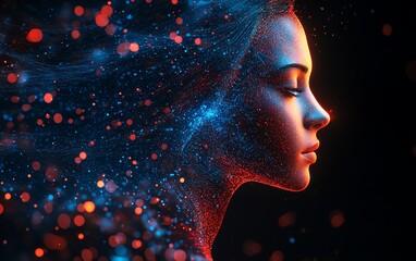 Leinwandbilder - Futuristic human profile made of blue and red data streams, dark background, AI generative design showcasing digital intelligence