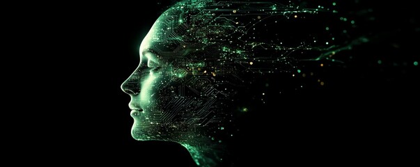Aufkleber - Human head profile with intricate circuit patterns and glowing elements, tech background, symbolizing AI, neural networks, and innovation