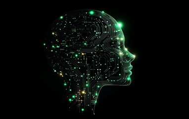 Aufkleber - Human head profile with intricate glowing circuit patterns on a tech background, showcasing advanced AI, digital innovation, and futuristic technology