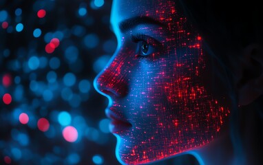 Leinwandbilder - Human profile with dynamic blue and red data streams and network nodes, AI generative concept, representing artificial intelligence and digital systems