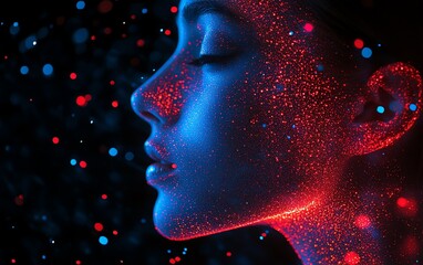 Aufkleber - Human profile with dynamic blue and red data streams and network nodes, AI generative concept, representing artificial intelligence and digital systems