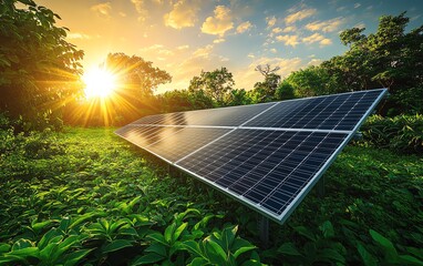Leinwandbilder - Solar panels in a green field with sunlight reflecting off them
