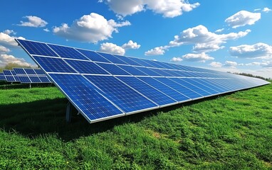 Leinwandbilder - Solar panels in a green field with sunlight reflecting off them