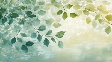 Wall Mural - Serene nature scene with green leaves and tranquil water reflection.