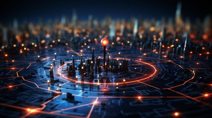 Wall Mural - a cityscape with a glowing red dot in the center