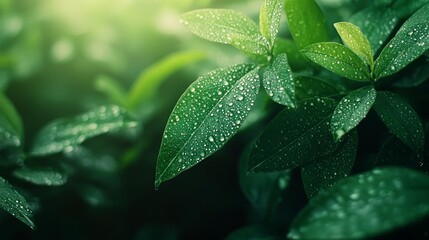 Wall Mural - Dew drops on lush green leaves in sunlight.