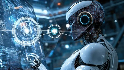 Aufkleber - A robot is sitting in front of a computer monitor, typing on the keyboard