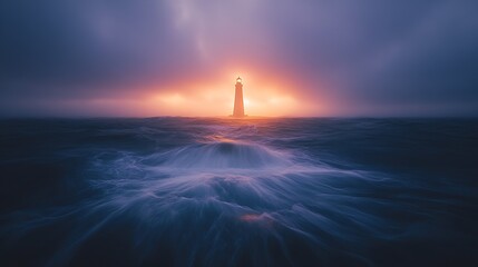 Poster - Lonely Lighthouse Overlooking Stunning Sunset Illuminated Waves and Sky : Generative AI