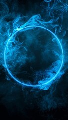 Poster - Electric blue neon circle surrounded by ethereal smoke on black background for creative projects