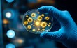 © Thanaseth - A scientist wearing blue gloves holding a petri dish containing bacteria or virus samples, lab equipment, microbiology research, scientific investigation