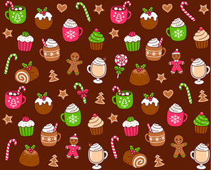 Wall Mural - Seamless pattern of traditional Christmas food: desserts, drinks, cookies and sweets. Cute hand drawn doodles,  cartoon vector background illustration.