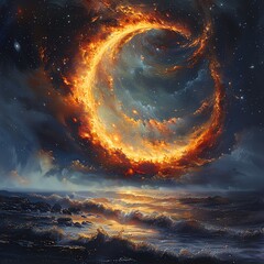 Wall Mural - fiery crescent moon over ocean at night.