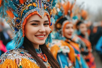 Wall Mural - Smiling samba dancer wearing colorful costume and headdress performing in carnival parade