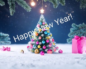 Wall Mural - Greeting card with Christmas tree and text ' Happy New Year!'.