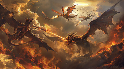 Wall Mural - an epic digital painting of a battle between dragons, with fire-breathing beasts soaring through the
