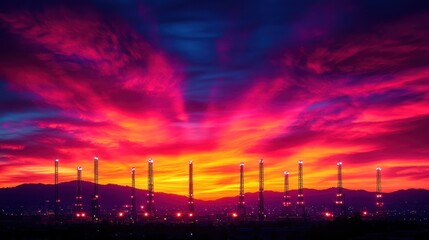 Sticker - A vibrant sunset sky over a silhouette of industrial smokestacks.