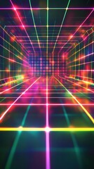 Wall Mural - A vibrant, abstract digital tunnel with neon grid lines in shades of pink, green, and blue, creating a futuristic atmosphere.