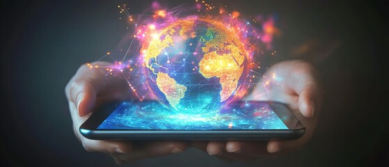 Aufkleber - Digital globe on a tablet with glowing lights, symbolizing global innovation and advanced technology, vibrant colors, sleek design, modern tech concepts, ultrarealistic details