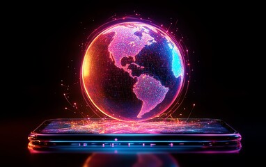 Aufkleber - Digital globe with glowing lights displayed on a tablet, symbolizing global technology and innovation, vibrant neon lights, hightech interface, ultrarealistic textures