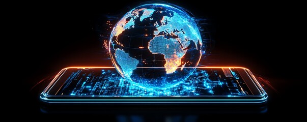 Poster - Digital globe with glowing lights on a tablet, representing global technology and innovation, futuristic design, hightech atmosphere, vibrant colors, ultrarealistic details