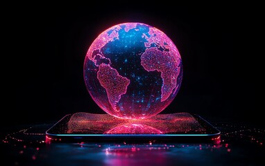Poster - Digital globe with glowing lights displayed on a tablet, symbolizing global technology and innovation, vibrant neon lights, hightech interface, ultrarealistic textures