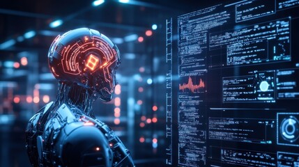 Wall Mural - futuristic ai: a cyborg analyzes data streams