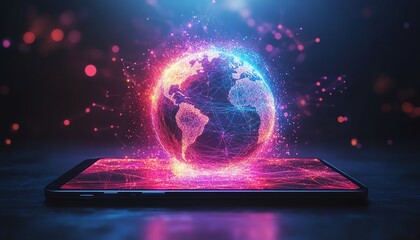 Leinwandbilder - Tablet displaying a glowing digital globe, symbolizing global technology and innovation, modern tech interface, vibrant colors, glowing network connections, ultrarealistic details