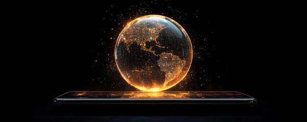Poster - Tablet with a digital globe and glowing lights, emphasizing global technology and innovation, modern tech design, glowing network, sleek and futuristic, highquality realism