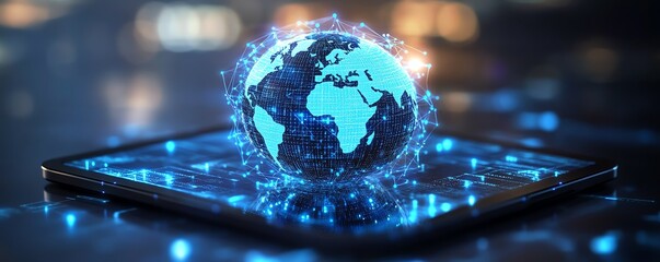 Poster - Tablet screen showcasing a digital globe with glowing lights, representing technology and global innovation, futuristic design, glowing connections, highdefinition realism