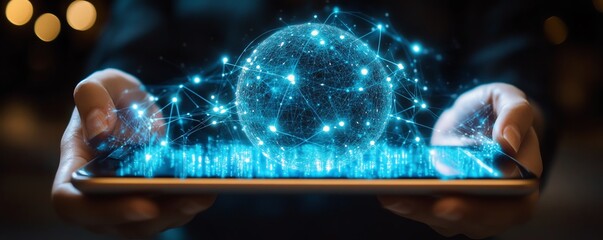 Poster - Tablet screen showcasing a digital globe with glowing lights, representing technology and global innovation, futuristic design, glowing connections, highdefinition realism